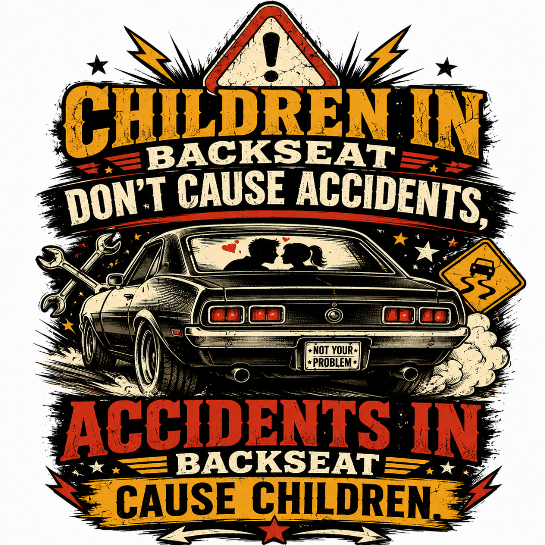 "Children in Backseat Don't Cause Accidents" - Funny Back Print Graphic T-Shirt