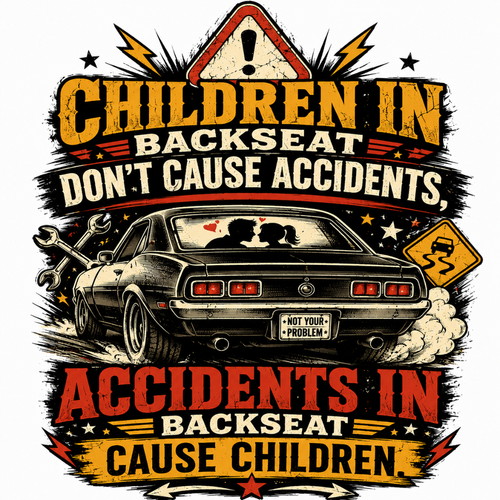 "Children in Backseat Don't Cause Accidents" - Funny Back Print Graphic T-Shirt