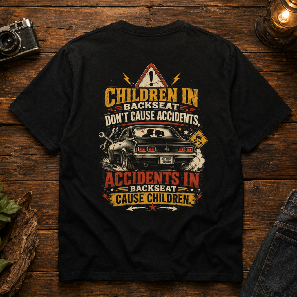 "Children in Backseat Don't Cause Accidents" - Funny Back Print Graphic T-Shirt