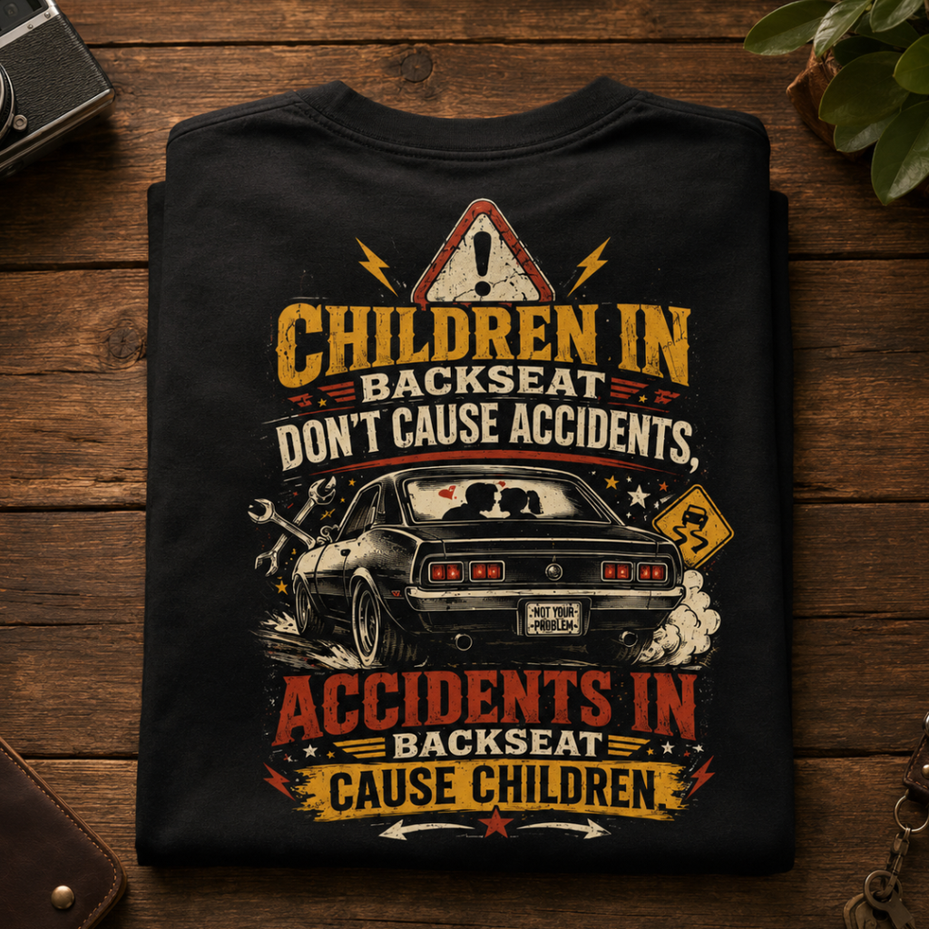 "Children in Backseat Don't Cause Accidents" - Funny Back Print Graphic T-Shirt