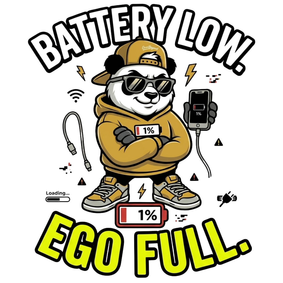 "Battery Low. Ego Full." - Funny Panda Back Print Graphic T-Shirt