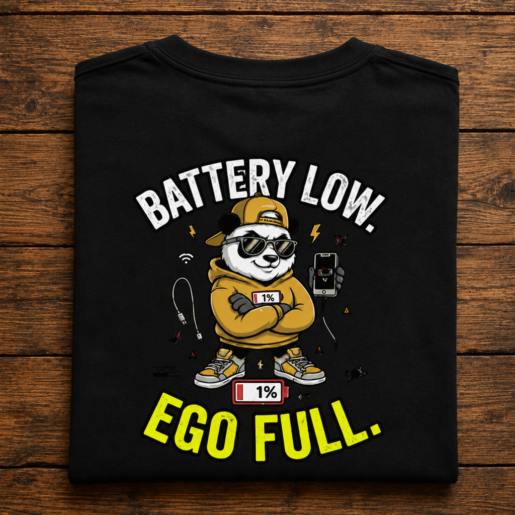 "Battery Low. Ego Full." - Funny Panda Back Print Graphic T-Shirt