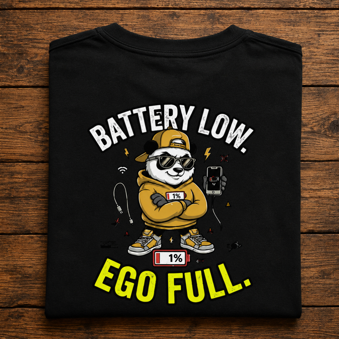 "Battery Low. Ego Full." - Funny Panda Back Print Graphic T-Shirt