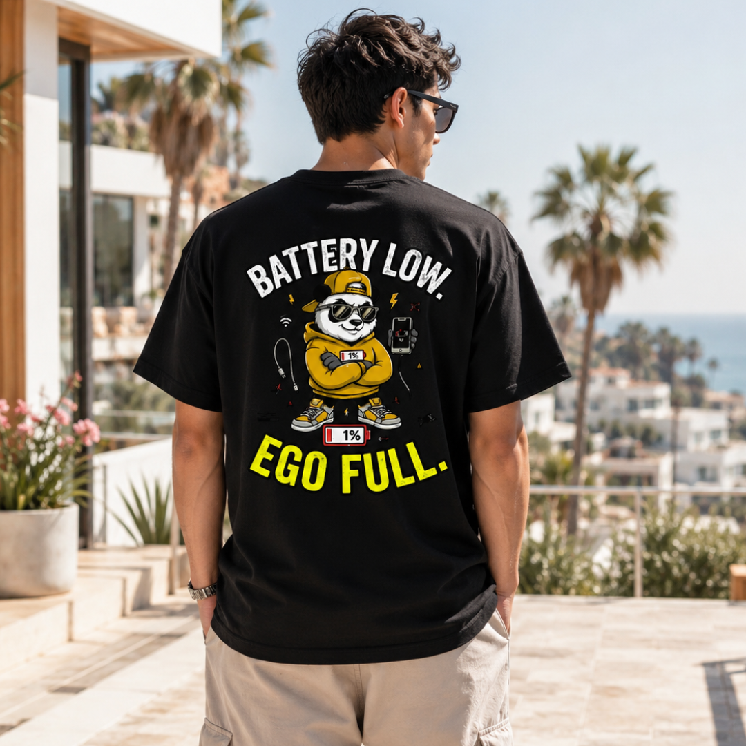 "Battery Low. Ego Full." - Funny Panda Back Print Graphic T-Shirt