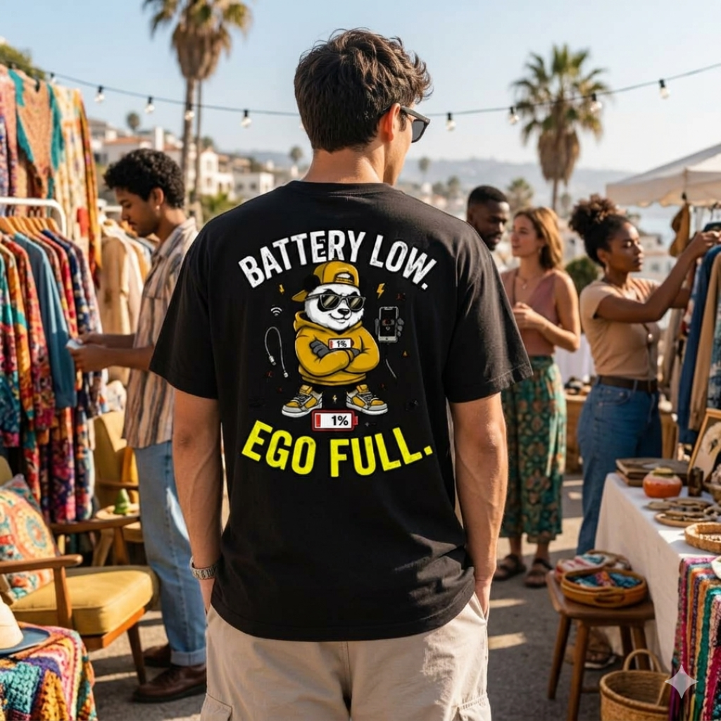 "Battery Low. Ego Full." - Funny Panda Back Print Graphic T-Shirt