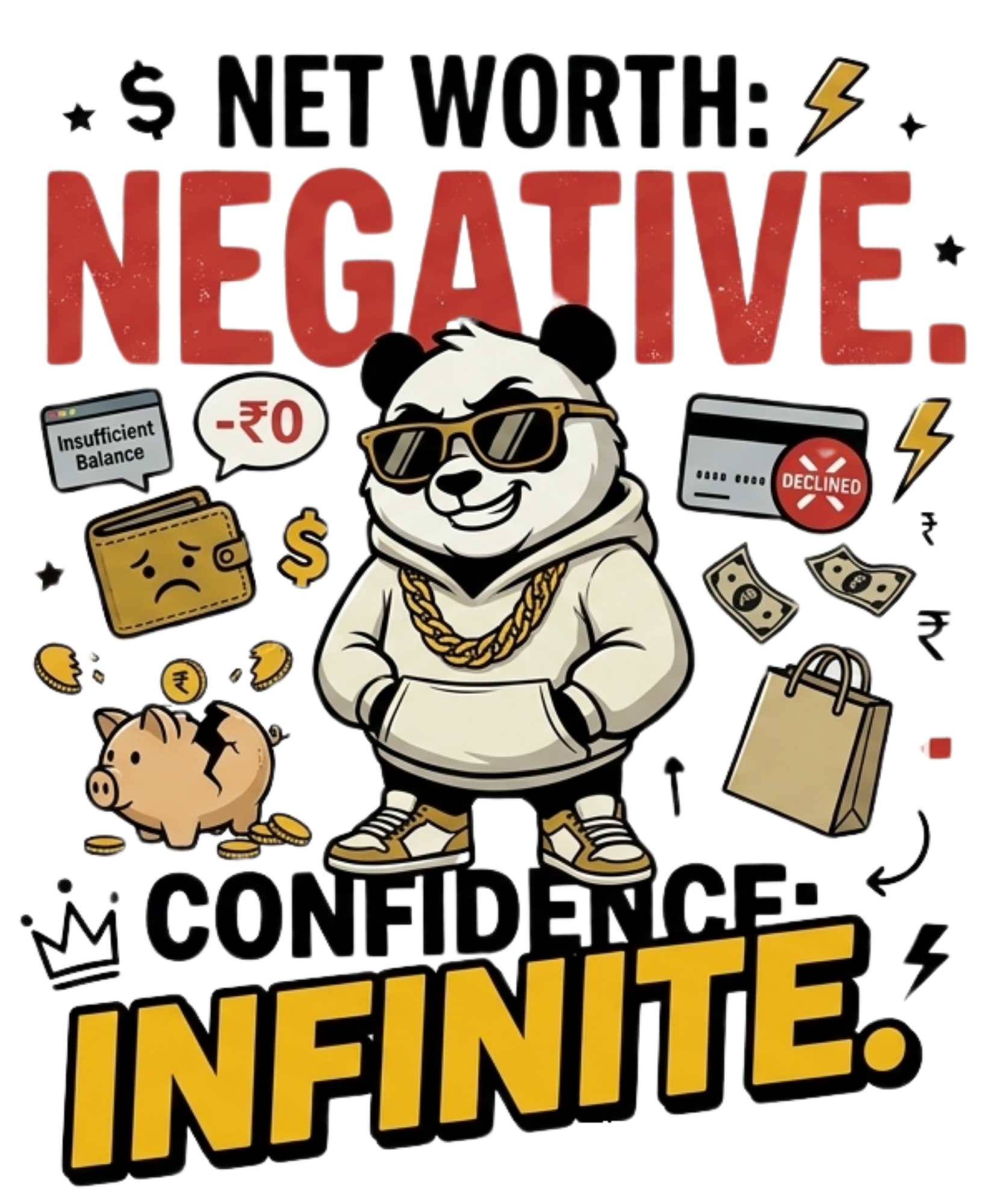 Net Worth: Negative. Confidence: Infinite. - Funny Panda Back Print Graphic T-Shirt