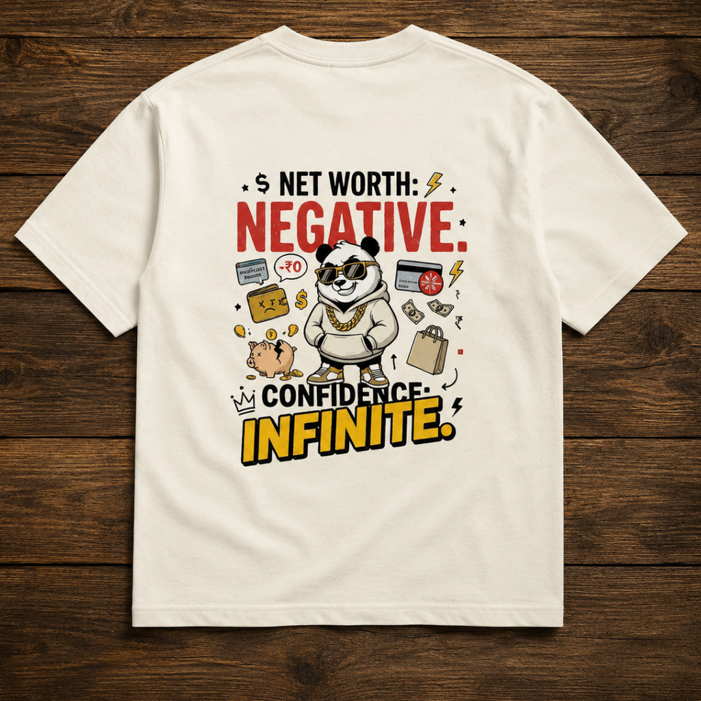 Net Worth: Negative. Confidence: Infinite. - Funny Panda Back Print Graphic T-Shirt