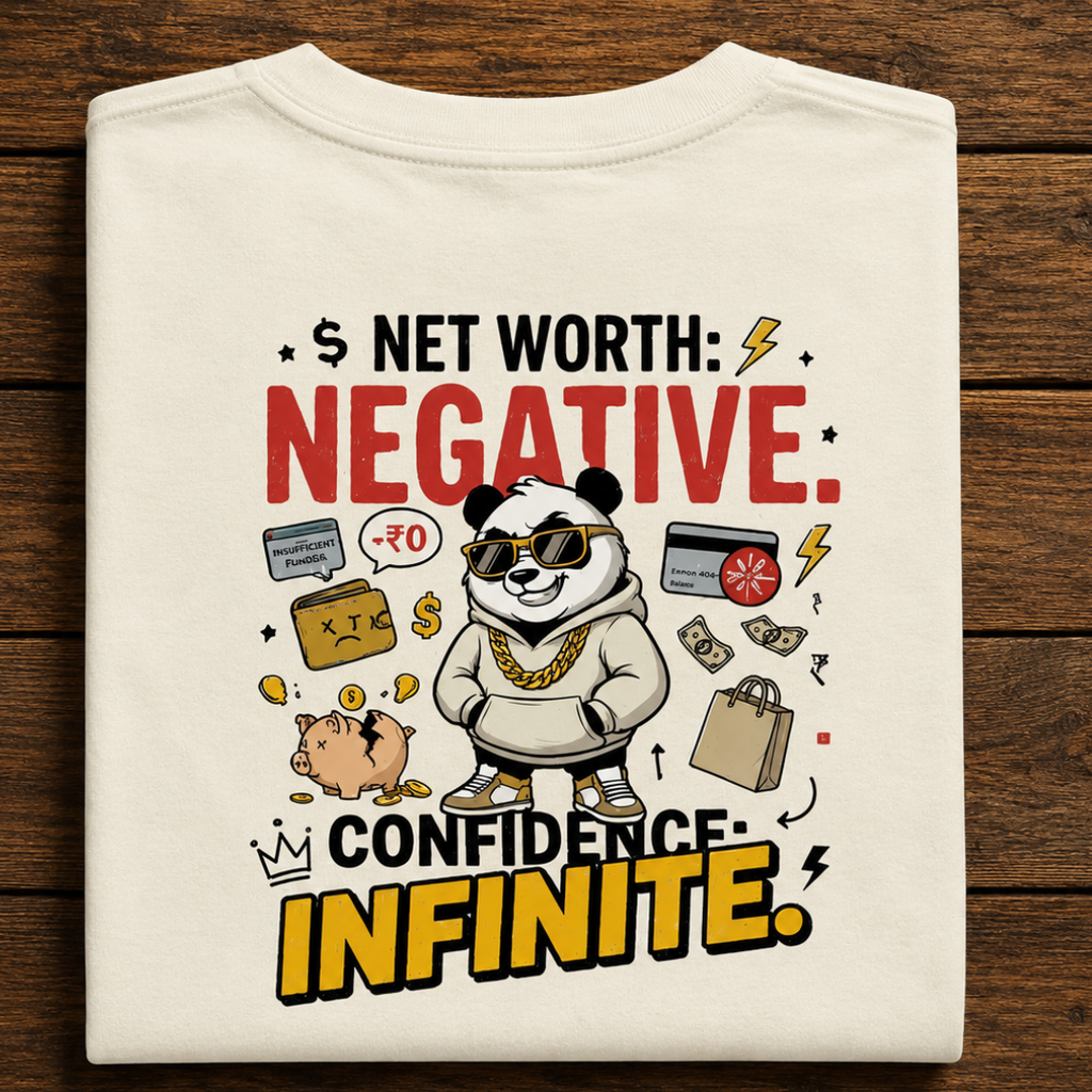 Net Worth: Negative. Confidence: Infinite. - Funny Panda Back Print Graphic T-Shirt