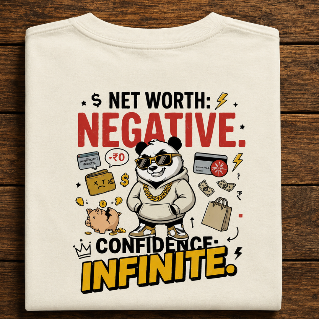 Net Worth: Negative. Confidence: Infinite. - Funny Panda Back Print Graphic T-Shirt