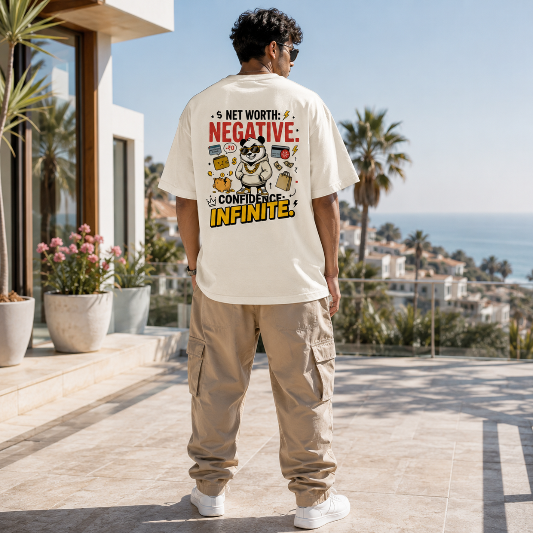 Net Worth: Negative. Confidence: Infinite. - Funny Panda Back Print Graphic T-Shirt
