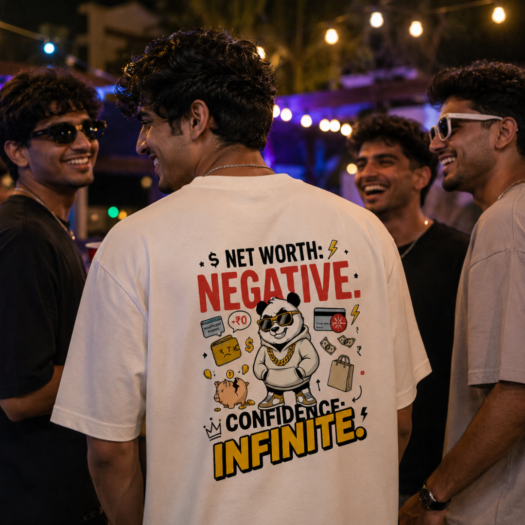 Net Worth: Negative. Confidence: Infinite. - Funny Panda Back Print Graphic T-Shirt