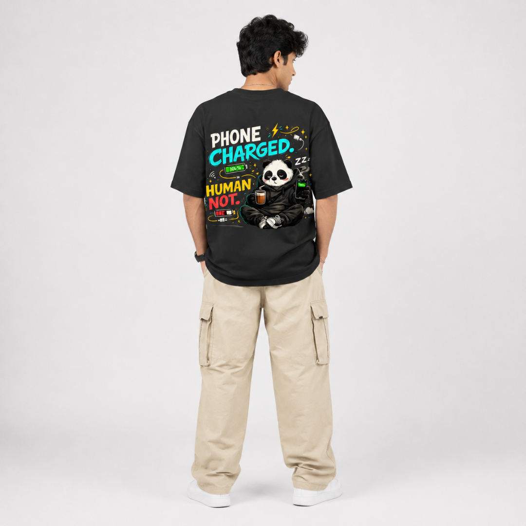 Phone Charged. Human Not. - Oversized Graphic T-Shirt
