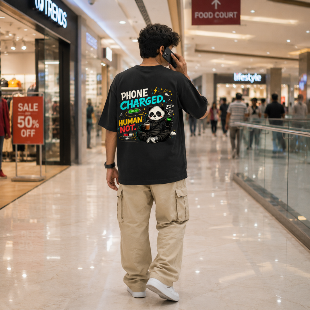 Phone Charged. Human Not. - Oversized Graphic T-Shirt