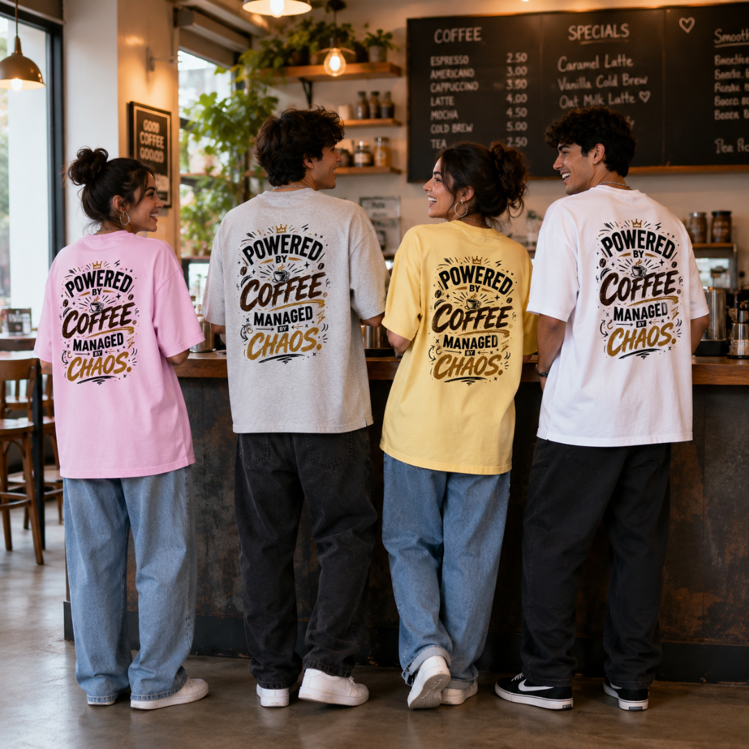 Powered by Coffee. Managed by Chaos. - Oversized Graphic Back Print T-Shirt