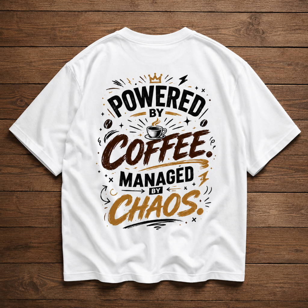 Powered by Coffee. Managed by Chaos. - Oversized Graphic Back Print T-Shirt