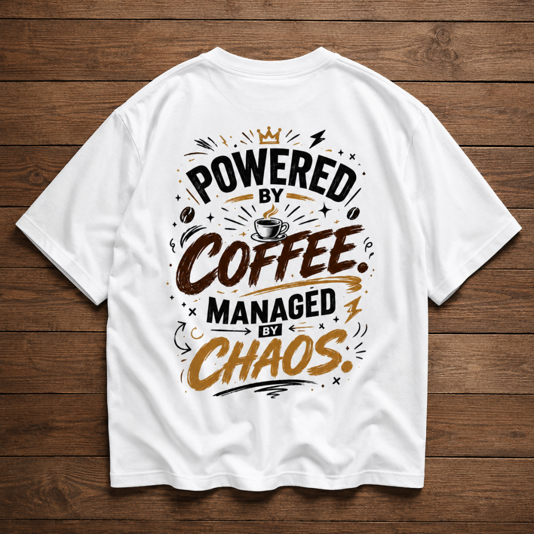Powered by Coffee. Managed by Chaos. - Oversized Graphic Back Print T-Shirt