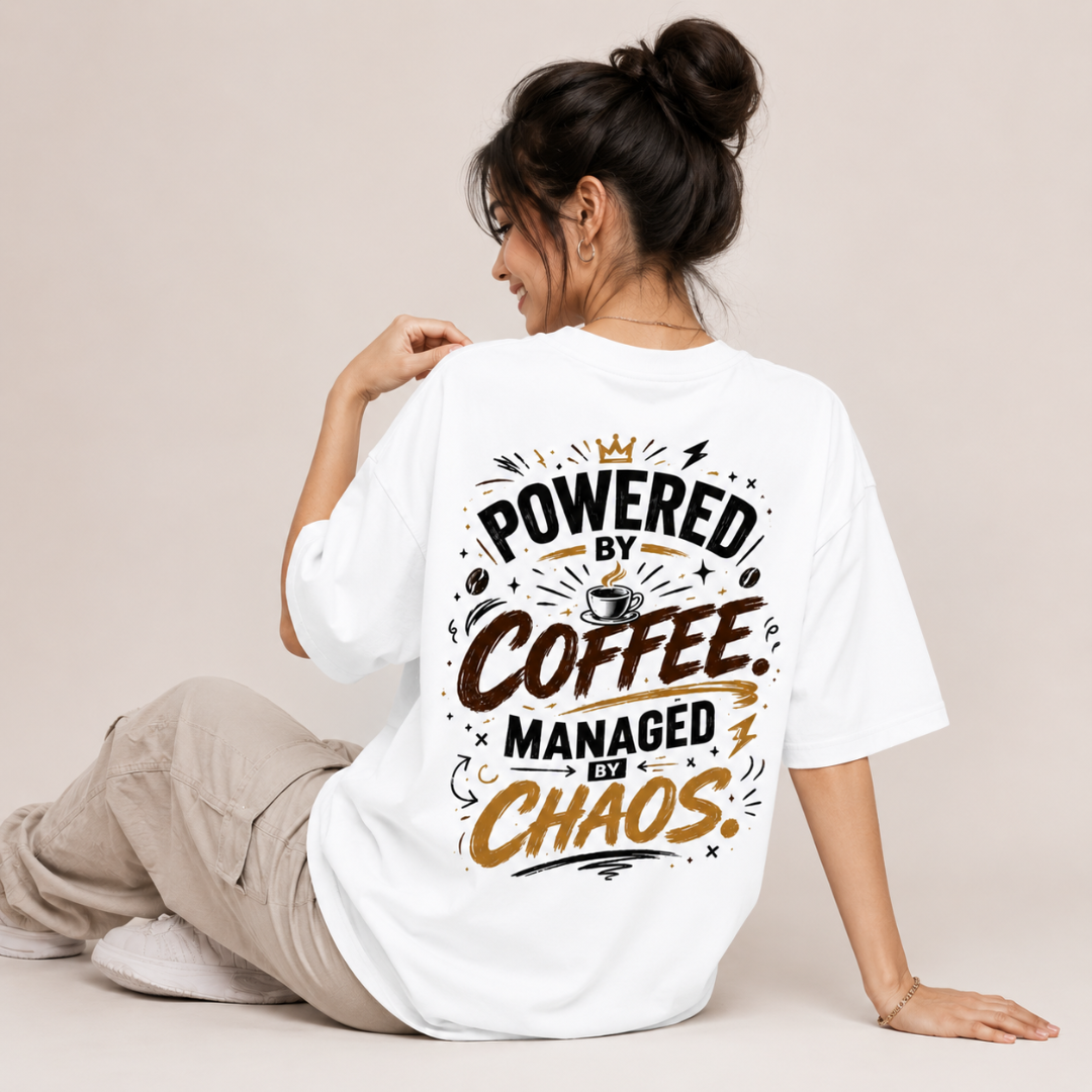 Powered by Coffee. Managed by Chaos. - Oversized Graphic Back Print T-Shirt